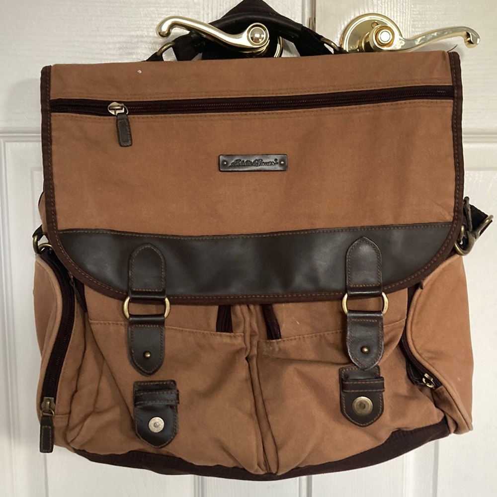 Eddie Bauer Field Messenger Laptop Luggage Travel Bag Canvas Leather Briefcase